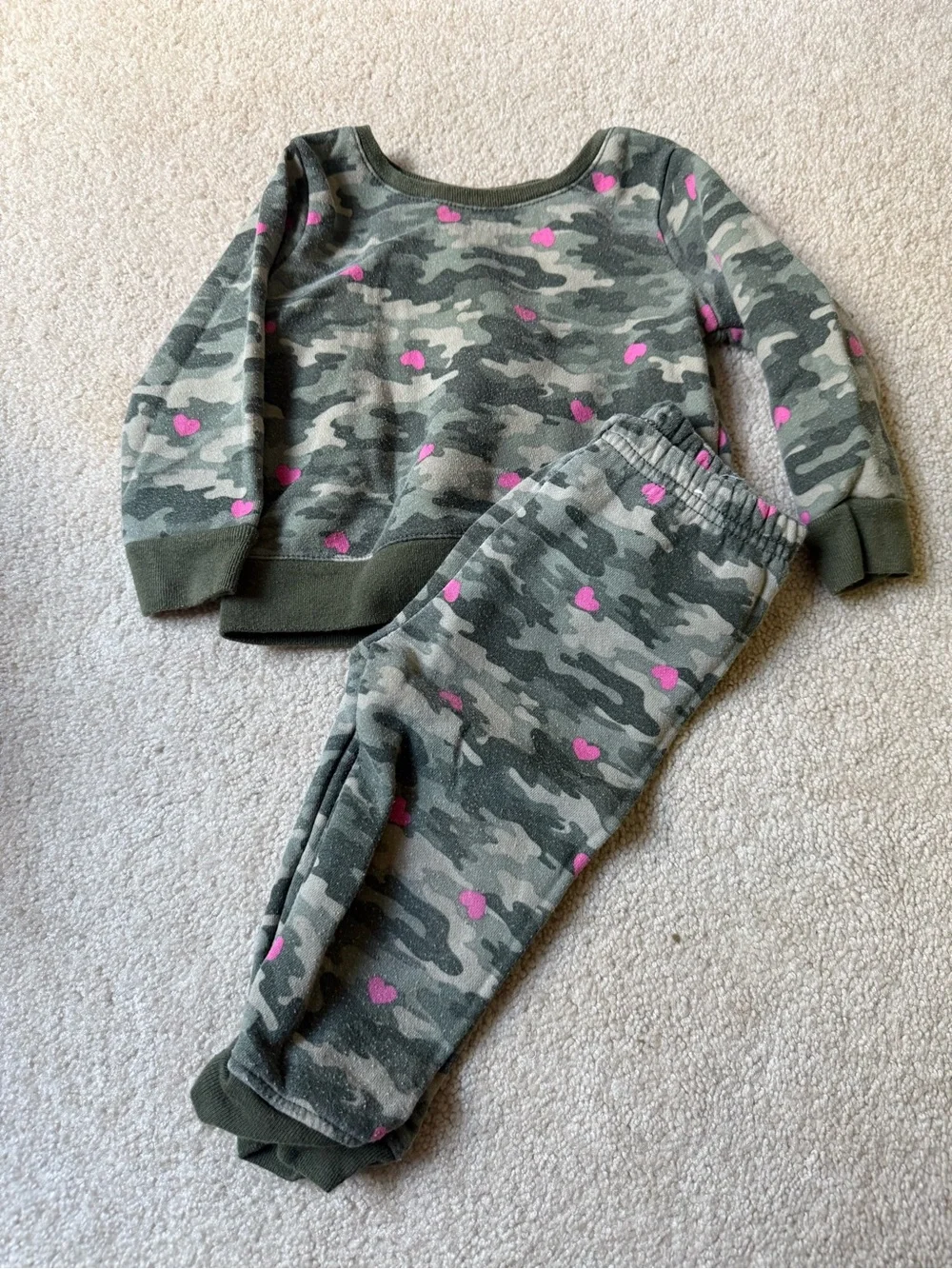 Kids Camo Heart Pajama Set - Olive Green with Pink Hearts